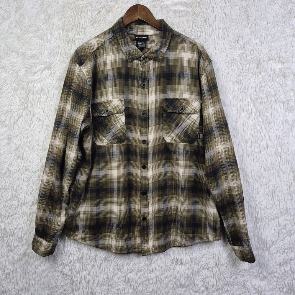 Burton Mens XXL Plaid Flannel Button Down Shirt Olive Green Long Sleeve Grunge
